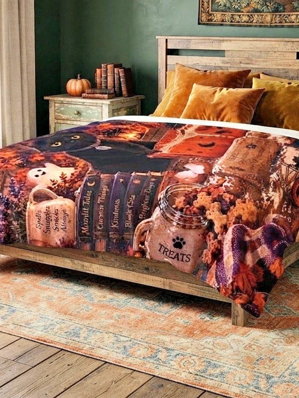 Black Cat Pumpkin Fall Halloween Sherpa Blanket Cozy